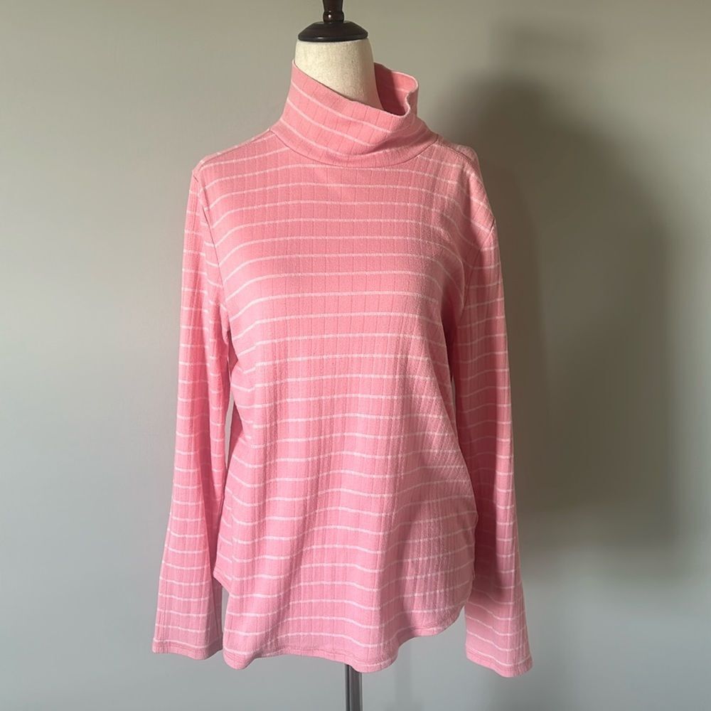 Sz L T by Talbots mock neck pink white striped long sleeve top